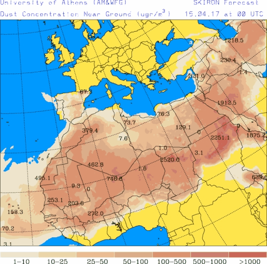 España: Polvo africano (Pronóstico para 15-abril-2017)