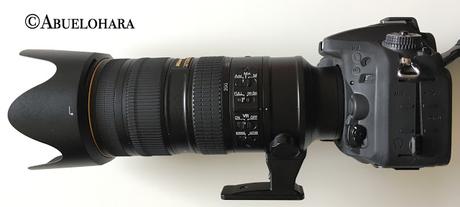 Vista lateral del AF-S NIKKOR 70-200 mm f/2.8G ED VR II en cuerpo de cámara Nikon D7100 con el parasol instalado. Fotografia_Abuelohara_Nikon
