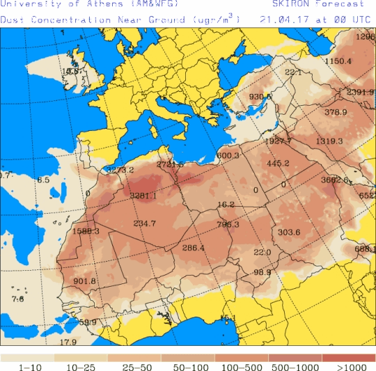 España: Polvo africano (Pronóstico para 21-abril-2017) España: Polvo africano (Pronóstico para 21-abril-2017)
