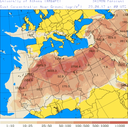 España: Polvo africano (Pronóstico para 23-abril-2017)