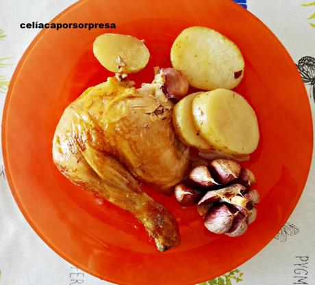 POLLO DE CORRAL AL HORNO CON VINO BLANCO, AJO Y CEBOLLA (horno)