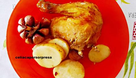 POLLO DE CORRAL AL HORNO CON VINO BLANCO, AJO Y CEBOLLA (horno)