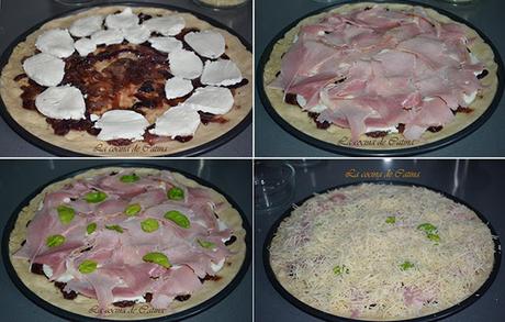 Pizza con cebolla caramelizada, jamón y mozzarella Pizza con cebolla caramelizada, jamón y mozzarella