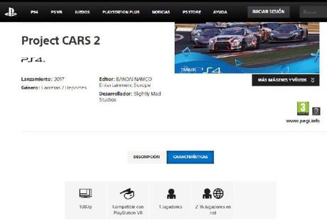 Project CARS 2 Project CARS 2 aparece como compatible con PlayStation VR en la web de Sony
