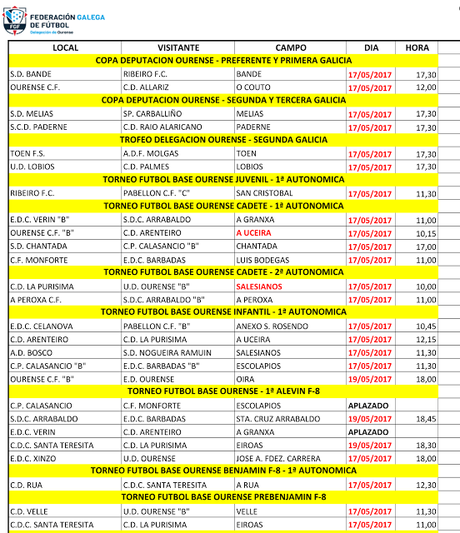 Horarios del fútbol ourensano (Miércoles 17/ Día das Letras Galegas)