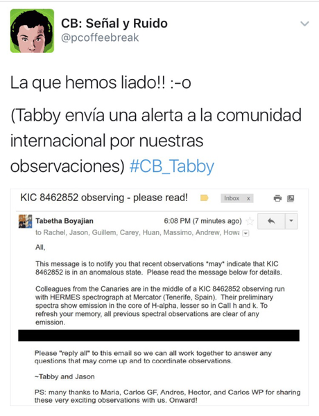 Alerta de observación de la estrella Tabby. Ahora mismo está bajando su brillo