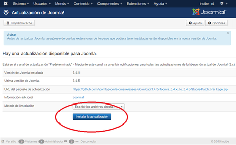 Joomla!: Actualización de Joomla!: Pulsar botón instalar actualización