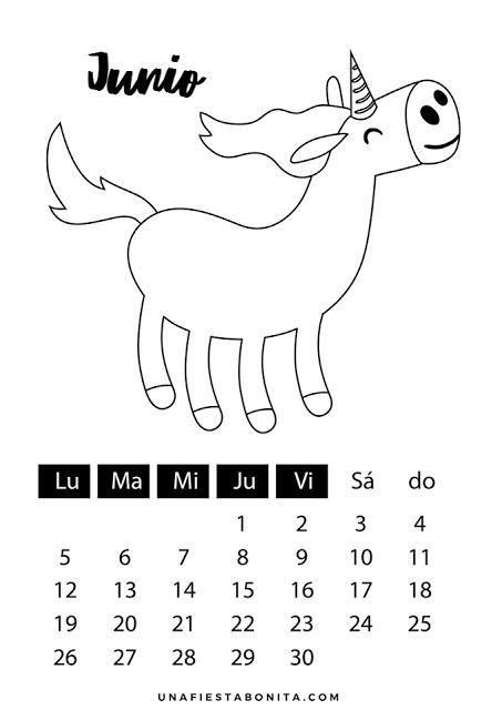 Calendario de Junio con Unicornio