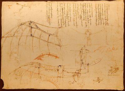Diseños de Da Vinci sobre una máquina de vuelo recogidos en el Códex Atlanticus.