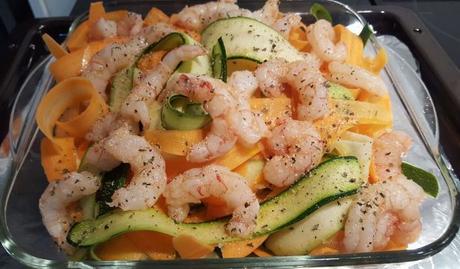 Tangliatele de calabacín y zanahoria con gambas Tangliatele de calabacín y zanahoria con gambas