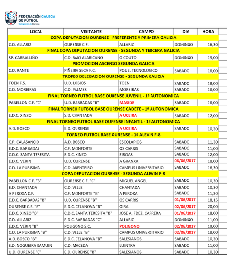 Horarios del fútbol en Ourense, 3 y 4 de Junio