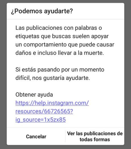 Hashtags prohibidos en Instagram cuadro de ayuda