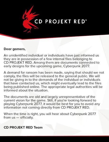 Intento de chantaje a CD Projekt RED: Cyberpunk 2077 Intento de chantaje a CD Projekt RED: Cyberpunk 2077