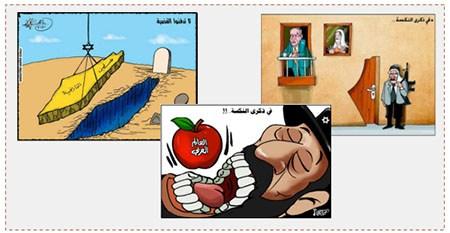 Caricaturas publicadas en los periódicos palestinos el día del cincuenta aniversario de la Guerra de los Seis Días (de derecha a izquiera; al Risala.net, 5 de junio de 2017; cuenta Twitter Filastin Alan, 5 de junio de 2017; el periódico Filastin, 6 de junio de 2017) Caricaturas publicadas en los periódicos palestinos el día del cincuenta aniversario de la Guerra de los Seis Días (de derecha a izquiera; al Risala.net, 5 de junio de 2017; cuenta Twitter Filastin Alan, 5 de junio de 2017; el periódico Filastin, 6 de junio de 2017)