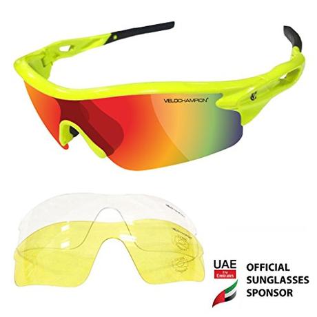 Top 10 material de ciclismo en oferta VeloChampion Warp Gafas de Sol (con 3 lentes: inc revo naranja, amarillo, claro) Fluro Amarillo Yellow Sunglasses