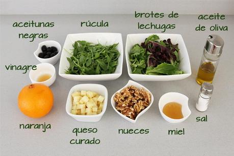 Ensalada de rúcula, naranja y queso con vinagreta de miel Ingredientes para hacer ensalada de rúcula, naranja y queso