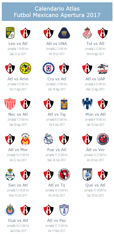 Calendario del Atlas para el torneo apertura 2017 del futbol mexicano