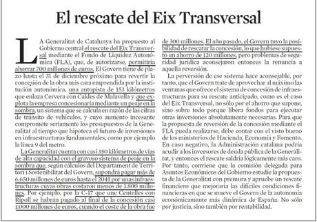 La Generalitat se plantea recuperar una de sus autopistas de peaje encubierto o diferido: el Eix Transversal
