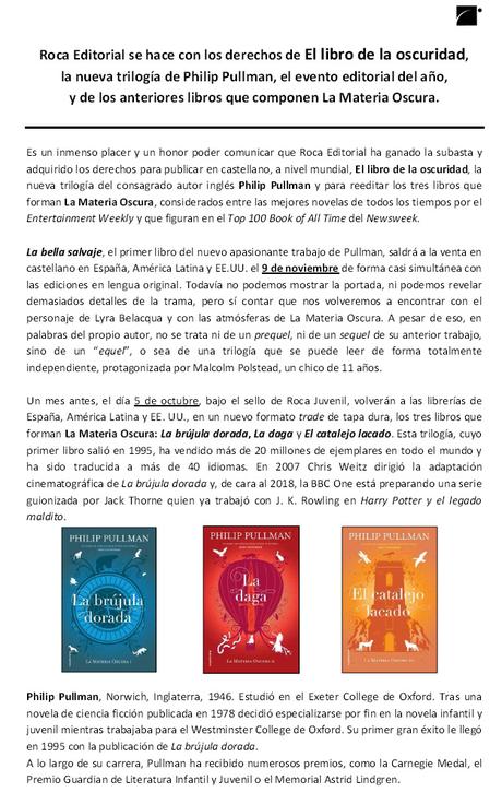 Roca Editorial adquiere los derechos de la nueva trilogía de Philip Pullman: EL LIBRO DE LA OSCURIDAD
