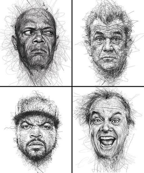 Vince Low, La Dislexia y El Arte del Garabato Retratos Samuel L. Jackson Mel Gibson Ice Cube Jack Nicholson