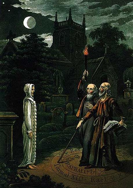 Necromancia: El arte de conjurar a los muertos y comunicarse con ellos, imagen de John Dee y Edward Kelley. De: Astrology (1806) por Ebenezer Sibly.