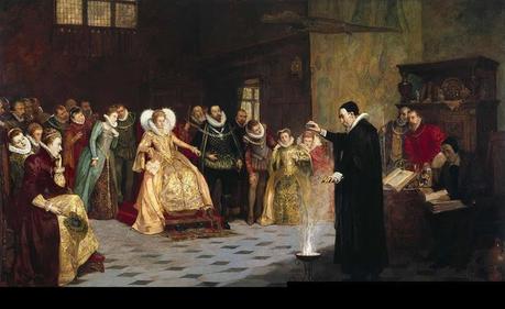 John Dee realizando un experimento ante la reina Elizabeth I. Óleo de Henry Gillard Glindoni. 1913