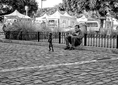 Unnhombre sentado y su perrito parado en dos patas.