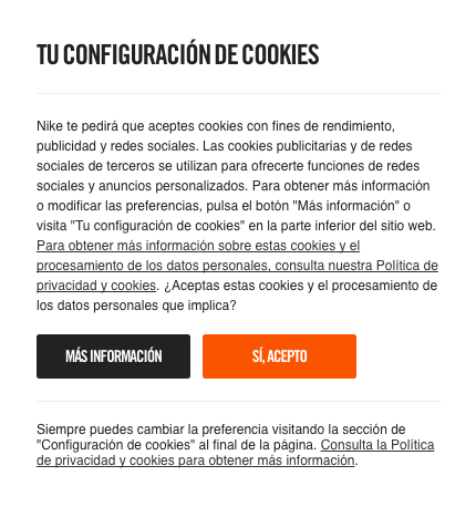 Ejemplo de aceptación de cookies en una web
