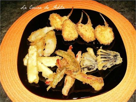 Chuletas de lechal, a la villeroy, con verduras en tempura