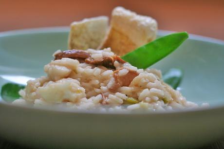 Risotto con Tirabeques, Boletus, Bacalao y sus Cortezas