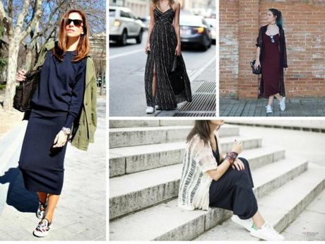 vestido largo y zapatillas looks inspiracion con vestido largo maxi dress y zapatillas de deporte sneakers para outfits de otoño invierno