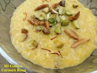 KHEER (ARROZ CON LECHE, RECETA DE INDIA) CON ALMENDRAS, PISTACHOS, CARDAMOMO Y AZAFRAN