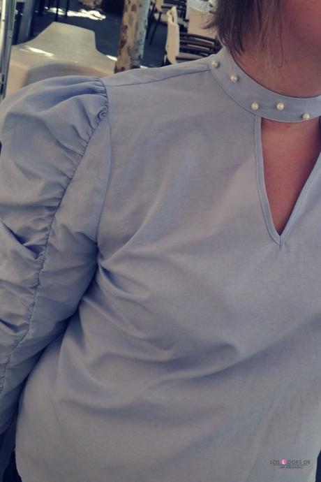 Mi camisa con perlas look talla grande curvy con camisa con perlas azul de primark con jeans pitillo y zapatos de lazo nude de zara con mochila nude outfit otoño