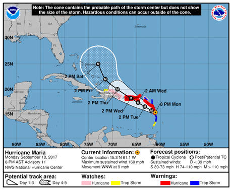 Huracán María está en categoría 5, con vientos de 260 kilómetros por hora.