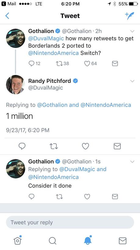 Nuevo reto: 1 millón de RT y Borderlands 2 llegará a Nintendo Switch