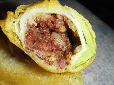 Canelón de puerro relleno de Morcilla Rios en tempura!! Canelón de puerro relleno de Morcilla Rios en tempura!!