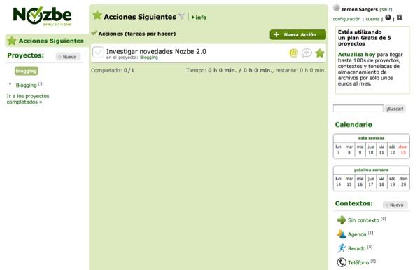 Nozbe 2 en español Pantalla de Nozbe en español