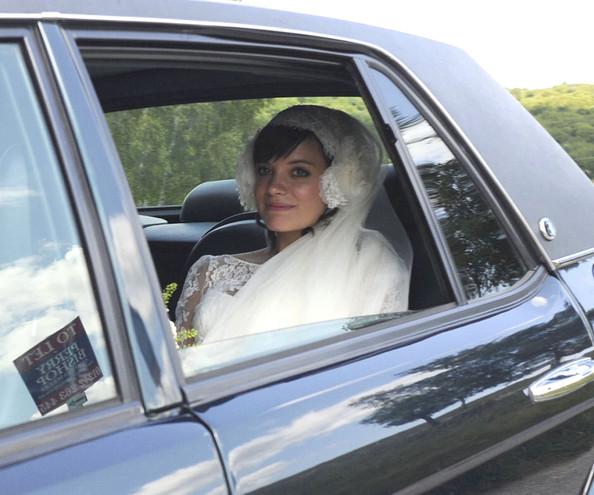 Lily Allen WEDDING BELLE!Lily Allen arriving in a Bentley to her wedding to Sam Cooper in the Gloucester village of Cranham. Lily was wearing a lace Chanel gown designed by KArl Lagerfeld.