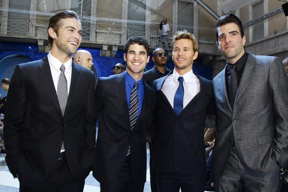 L-R Chace Crawford, Darren Criss, Ryan Kwanten and Zachary Quinto attend the Versace fashion show on June 20, 2011 in Milan, Italy.