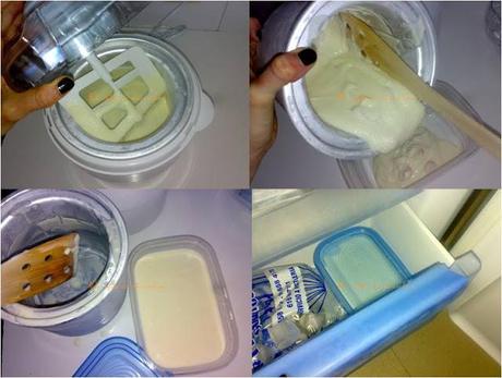 Helado de chocolate blanco con pepitas de chocolate de naranja regado con culís de melocotón al aroma de hierbabuena Helado de chocolate blanco con pepitas de chocolate de naranja regado con culís de melocotón al aroma de hierbabuena