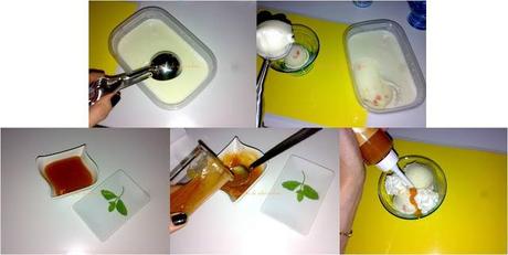 Helado de chocolate blanco con pepitas de chocolate de naranja regado con culís de melocotón al aroma de hierbabuena Helado de chocolate blanco con pepitas de chocolate de naranja regado con culís de melocotón al aroma de hierbabuena