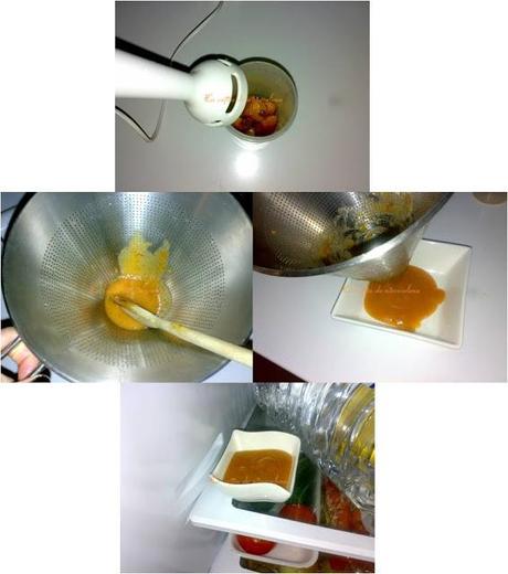 Helado de chocolate blanco con pepitas de chocolate de naranja regado con culís de melocotón al aroma de hierbabuena Helado de chocolate blanco con pepitas de chocolate de naranja regado con culís de melocotón al aroma de hierbabuena