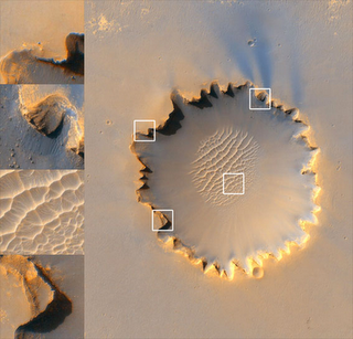 Marte. Monte Olympus y Cráter Victoria Cráter Victoria y detalles. NASA / JPL / HiRISE Team