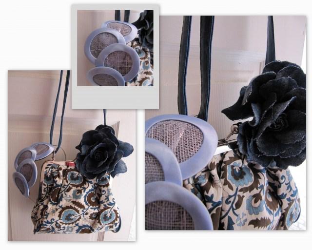 Tocado Mapiuska, broche vaquero y bolso estampado en azules. Visita besodedesayuno. CoMPLeMeNTo PeRFeCTo nº8: Azul.