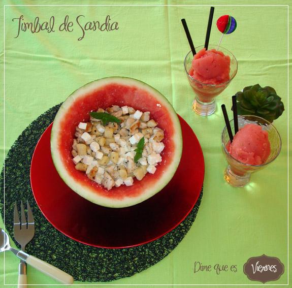 Timbal de Sandía relleno de ñoquis con pollo... y de postre Sorbete de sandía.