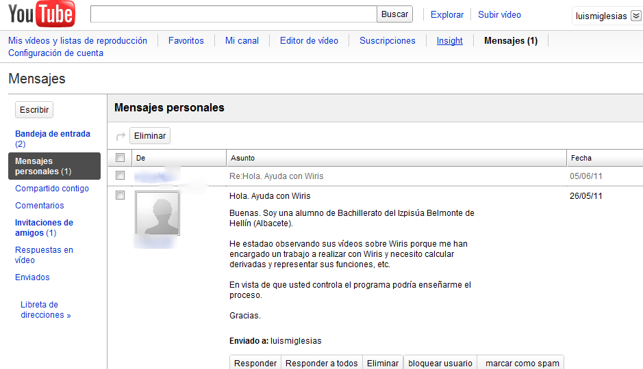 MatemáTICas 2.0 en la distancia. Nuevos escenarios de aprendizaje. Mensaje privado Youtube - Contacto inicial