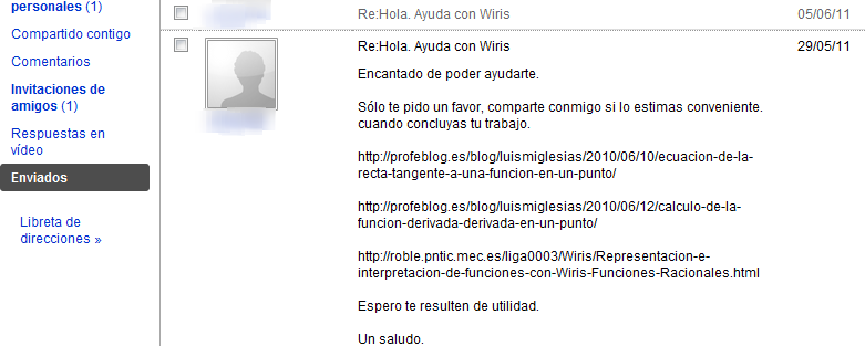 MatemáTICas 2.0 en la distancia. Nuevos escenarios de aprendizaje. Respuesta inicial. Recursos propios en Wiris - Mensaje privado Youtube