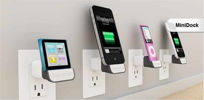 Minidock te permite cargar tu iPhone o iPod favorito con tu adaptador de corriente USB de Apple existentes