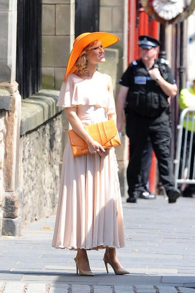Actress Katherine Kelly arrives at Edinburgh's historic Canongate Kirk for the wedding of Zara Phillips and Mike Tindall.