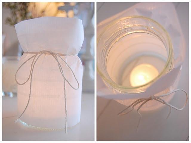 Bonito efecto: Forrar un tarro con papel e introducir una vela